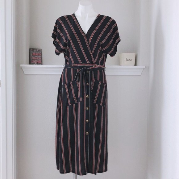 Spirit of Grace Dresses & Skirts - Spirit of Grace Dress Striped Navy Belted Midi Split V-Neck Size M NWT